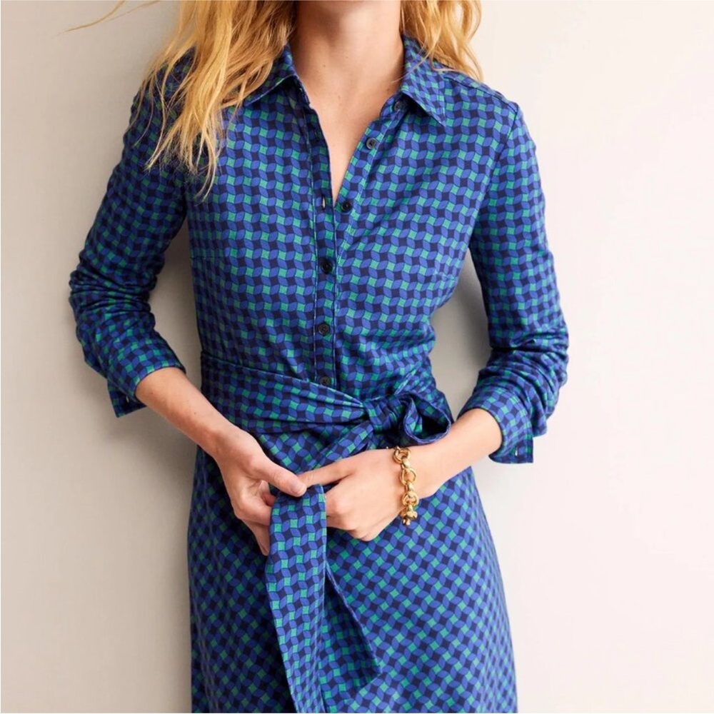 Boden Laura Jersey Midi Shirt Dress Abstract Diamond Green &. Blue Size 16/18